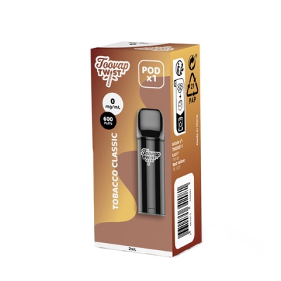 Embalagem de cartucho para dispositivo de vape Toovap Twist preto com texto e códigos