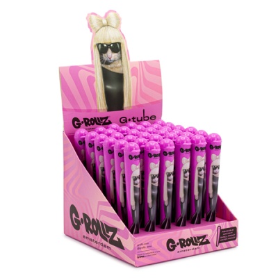 Expositor rosa com tubos G-Rollz roxos e imagem de gato com óculos e peruca loira.