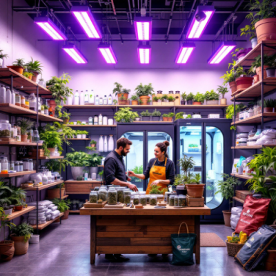Loja de plantas com estantes, frascos de vidro e iluminação LED cor de rosa