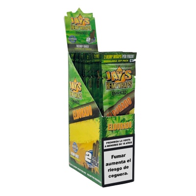 Expositor verde com embalagens de Jays Hemp Wraps Eldorado