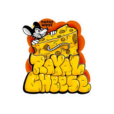 Ilustração de rato com queijo e texto Royal Cheese