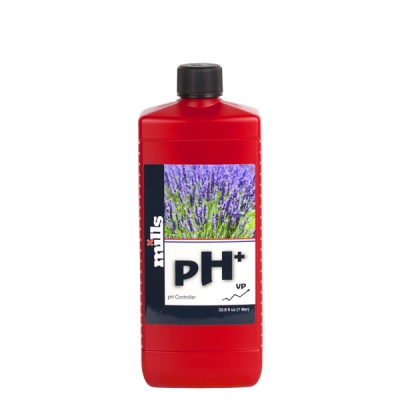 Frasco vermelho de pH+ com rótulo de flores violetas