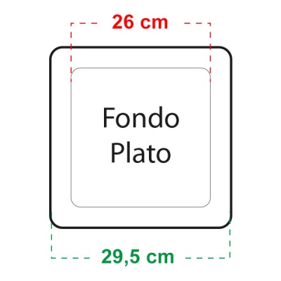 Ilustração de prato quadrado com medidas e texto Fondo Plato
