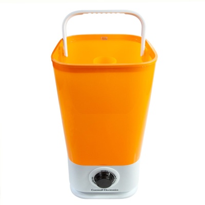 Recipiente laranja e branco com pega e botão giratório