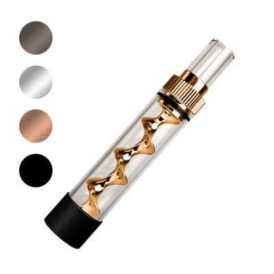 Cigarro eletrónico transparente com espiral metálica dourada e base preta