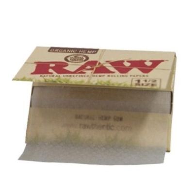 Caixa de papel de seda RAW Organic Hemp aberta com uma folha à vista.