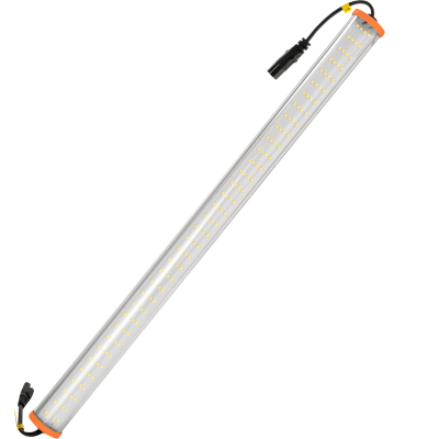 Barra de luz LED metálica com luzes amarelas e extremidades laranja