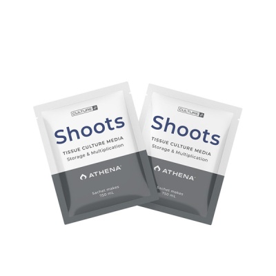 Pacotes do produto Shoots Tissue Culture Media da Athena, branco e cinza, texto azul e branco.