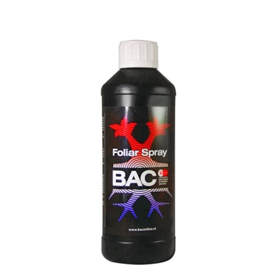 Frasco preto com tampa branca e rótulo Foliar Spray BAC