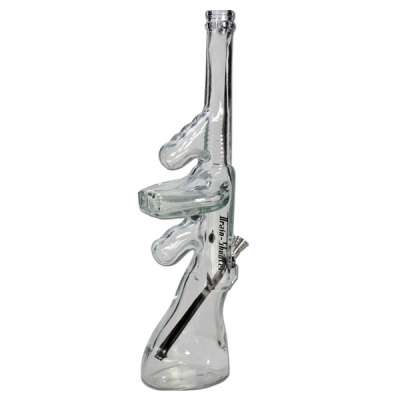Bong de vidro transparente em forma de arma com texto Brain Juice