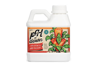 Frasco plástico branco com rótulo colorido e ilustração de planta