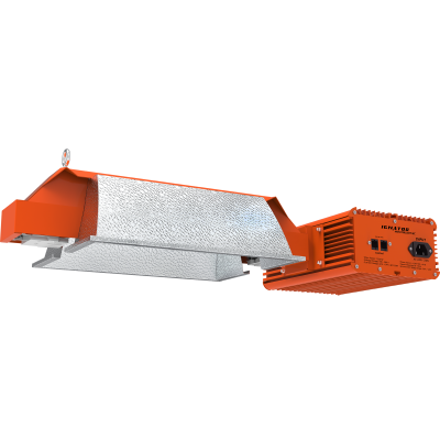 Luz de cultivo de interior laranja com painel refletor prateado texturizado e caixa eletrónica com texto IGNATOR MONSTERLIGHT MC