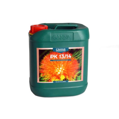 Recipiente verde escuro de plástico com tampa vermelha e etiqueta colorida com texto CANNA PK 13/14