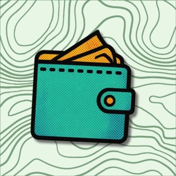 Ilustração animada de uma carteira azul com dinheiro, com fundo verde claro de linhas onduladas