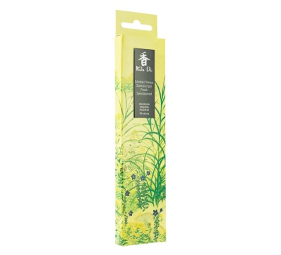 Caixa amarela de incenso Koh-Do com ilustração de plantas verdes e flores lilás