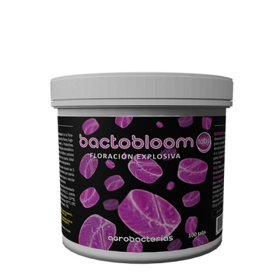 Embalagem de plástico branco com tampa contendo bactobloom tabs com design preto e pílulas roxas.