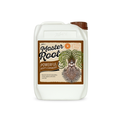 Frasco branco de plástico com etiqueta ilustrada de raízes e texto Master Root.
