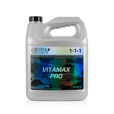 Garrafão de plástico cinzento com rótulo colorido Vitamax Pro da Grotek.