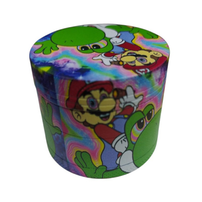 Caixa redonda com estampa colorida e personagens de videojogos Mario e Yoshi