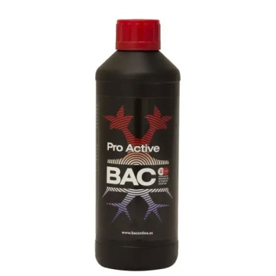 Frasco plástico preto com tampa vermelha e rótulo BAC Pro Active