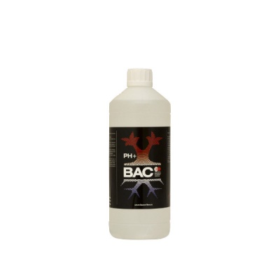Garrafa plástica branca com rótulo preto e texto PH+ BAC