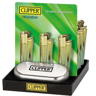 Expositor de isqueiros CLIPPER dourados com cartão verde