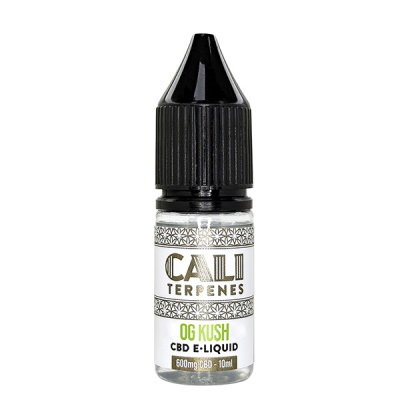Frasco de e-líquido CBD OG Kush com tampa preta e rótulo branco