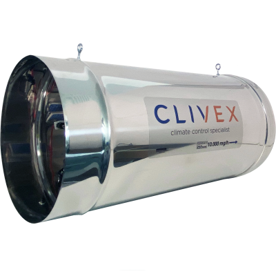Dispositivo metálico cilíndrico prateado com logo CLIVEX e texto de especificação