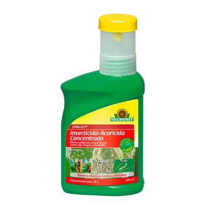 Frasco verde de insecticida Neudorff Spruzit com tampa amarela e etiqueta vermelha e amarela