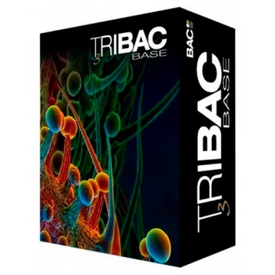 Caixa preta com design colorido abstrato e texto TRIBAC BASE