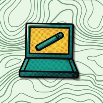 Portátil com caneta digital no ecrã sobre fundo verde ondulado
