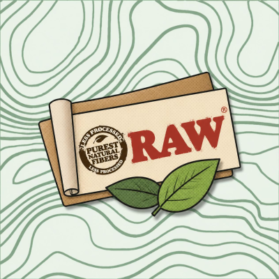 Rótulo RAW com folhas verdes e fundo de linhas onduladas verdes