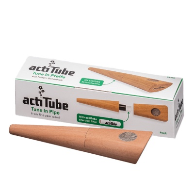 Dispositivo de madeira actiTube Tune In Pipe com embalagem branca e filtro de carvão.