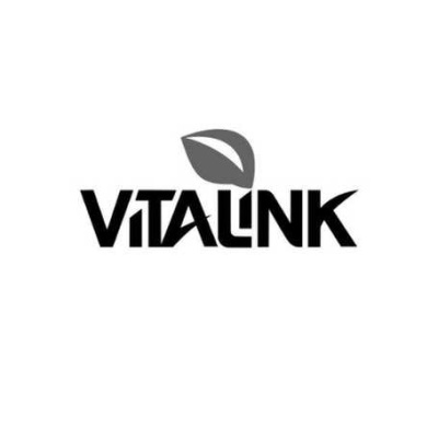 Logotipo preto e branco da marca VITALINK com uma folha estilizada.