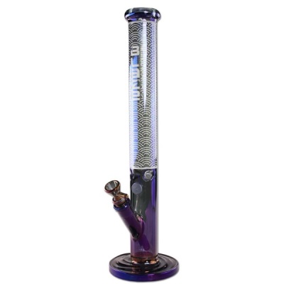 Bong em vidro roxo translúcido com padrão branco de ondas e texto BLAZE GLASS