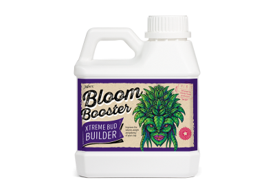 Frasco branco com rótulo roxo e bege com texto e figura vegetal com rosto