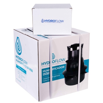 Caixa branca de humidificador Hydroflow IX50 com texto azul e preto e imagem do aparelho negro