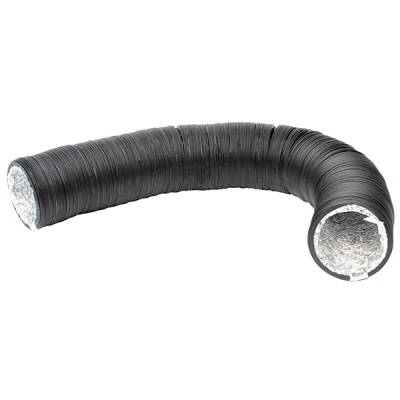 Tubo flexível preto com interior prateado, curvado