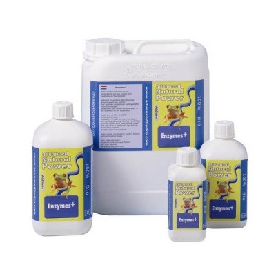 Garrafas brancas de diferentes tamanhos com rótulos azuis e amarelos do produto Advanced Natural Power Enzymes+