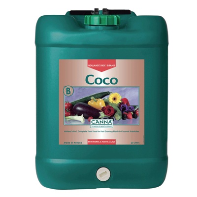 Contentor verde 20L com etiqueta do produto Coco da CANNA
