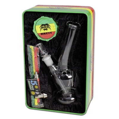 Conjunto de fumar com peça de vidro, grinder colorido BREIT e isqueiro na caixa