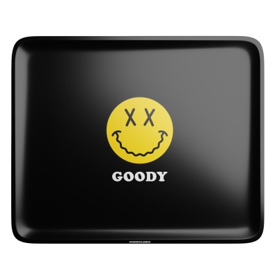 Tabuleiro preto com smiley amarelo e texto GOODY.