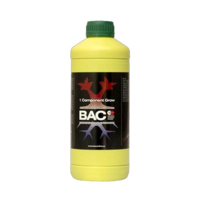 Frasco de fertilizante BAC 1 Component Grow amarelo com tampa verde e rótulo preto
