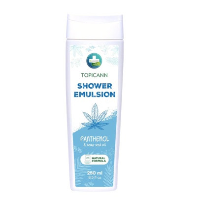 Frasco de emulsão para duche Topicann com rótulo azul e branco e folha de cânhamo