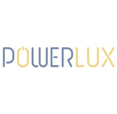 Logótipo texto POWERLUX azul e amarelo em fundo branco