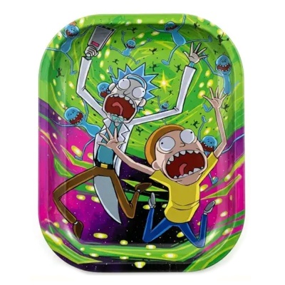 Prato retangular colorido de Rick e Morty com fundo verde e roxo