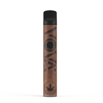 Dispositivo vape castanho com topo preto e texto VOÏA
