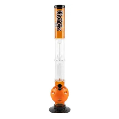 Bong de vidro com base e tampa laranja e corpo transparente