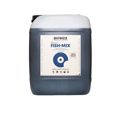 Recipiente de fertilizante líquido Fish-Mix Biobizz com rótulo branco e símbolo azul