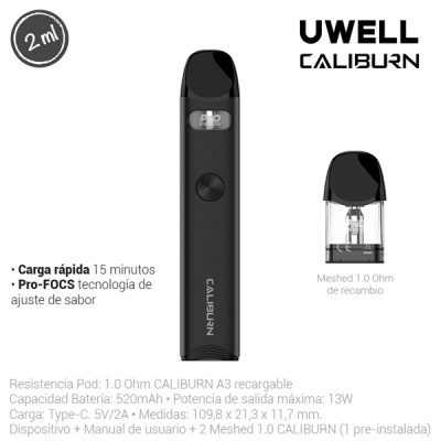 Dispositivo vaping preto UWELL CALIBURN com resistência e informações técnicas